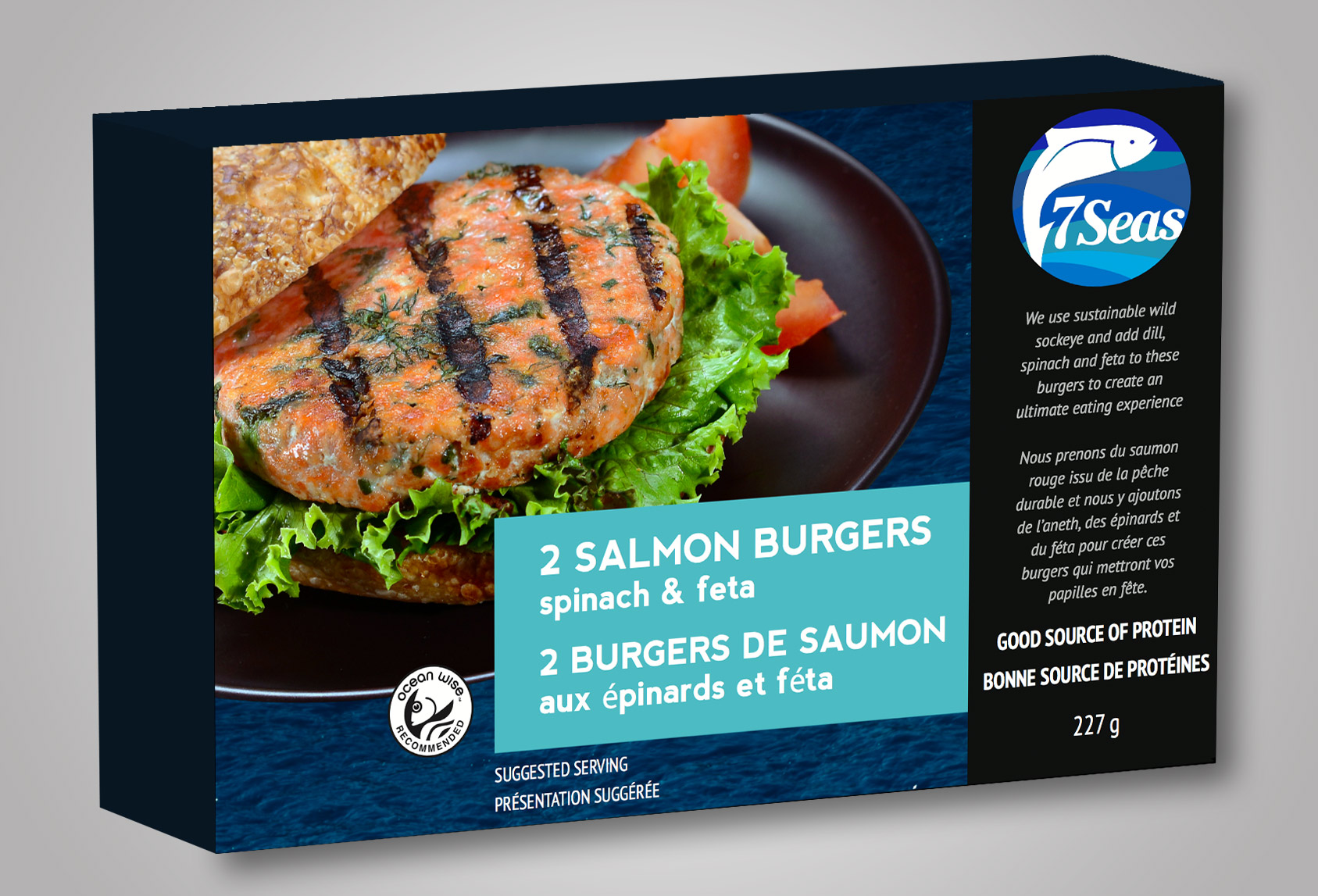 7 Seas Salmon Burgers frozen box packaging with appetizing food photography