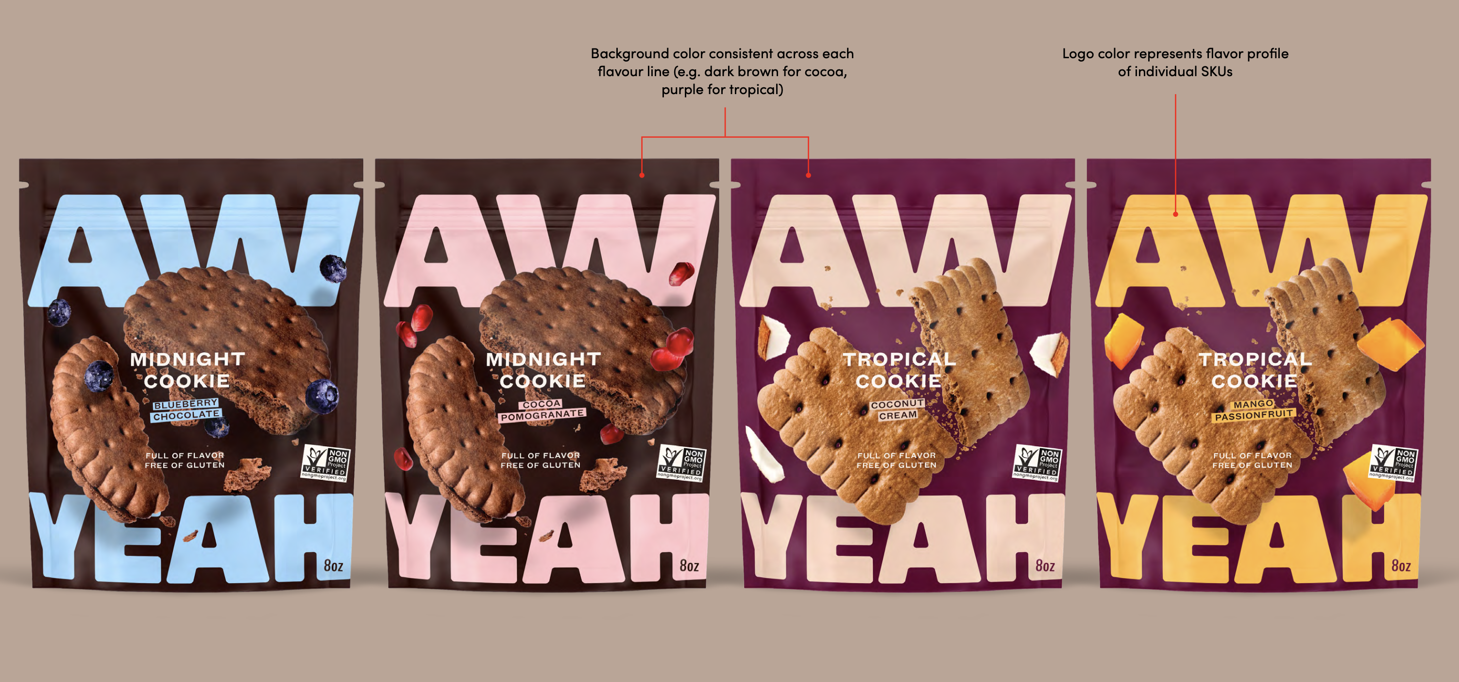 Aw Yeah cookie packaging design variations showing bold typography and vibrant imagery