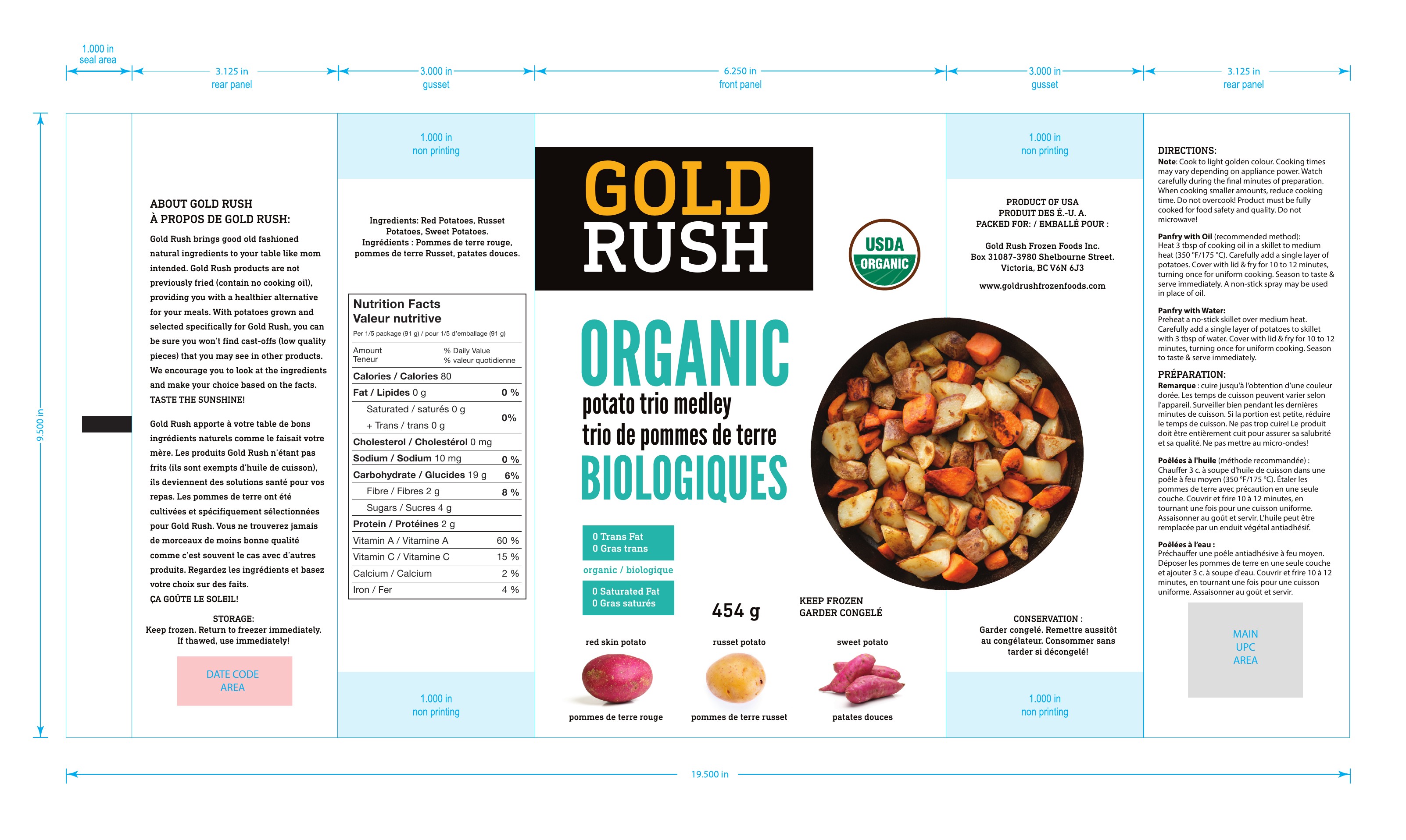 Gold Rush Organic Trio Potato Medley packaging flat artwork showing bilingual Canadian design