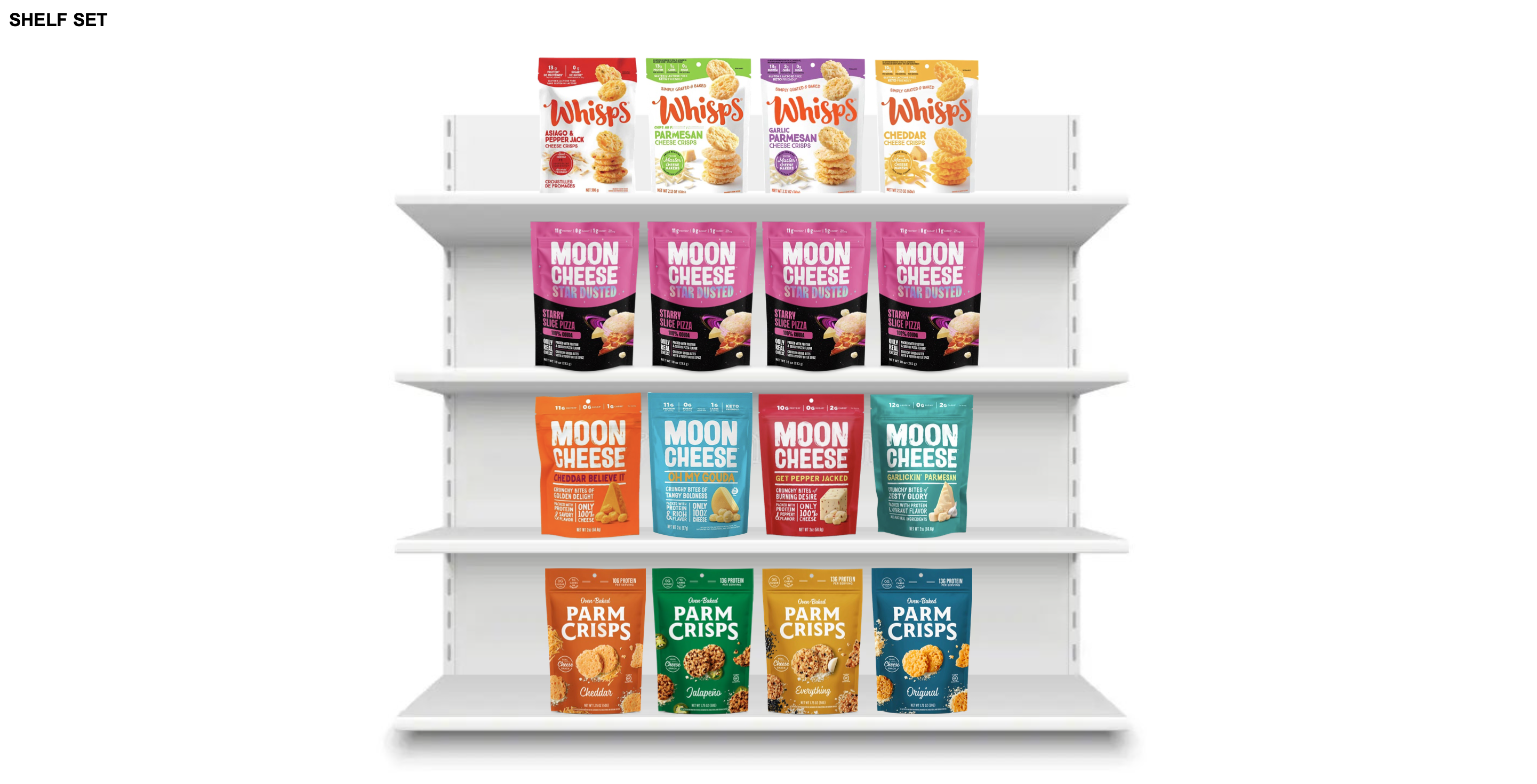 Moon Cheese Space Spice shelf set showing competitive positioning against other cheese snack brands like Whisps and Parm Crisps